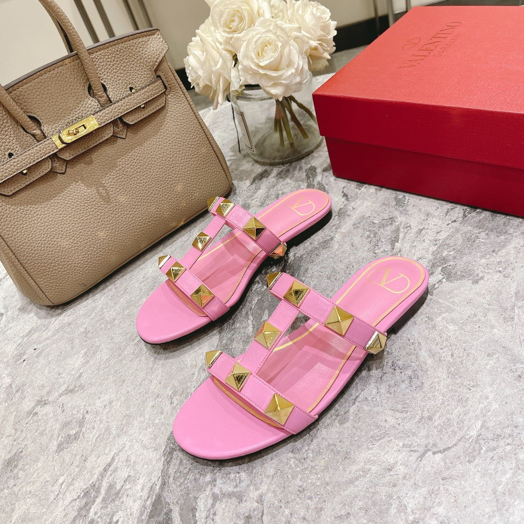 ROMAN STUD BRIGHT PINK CALFSKIN FLAT SLIDE SANDAL 25 MM