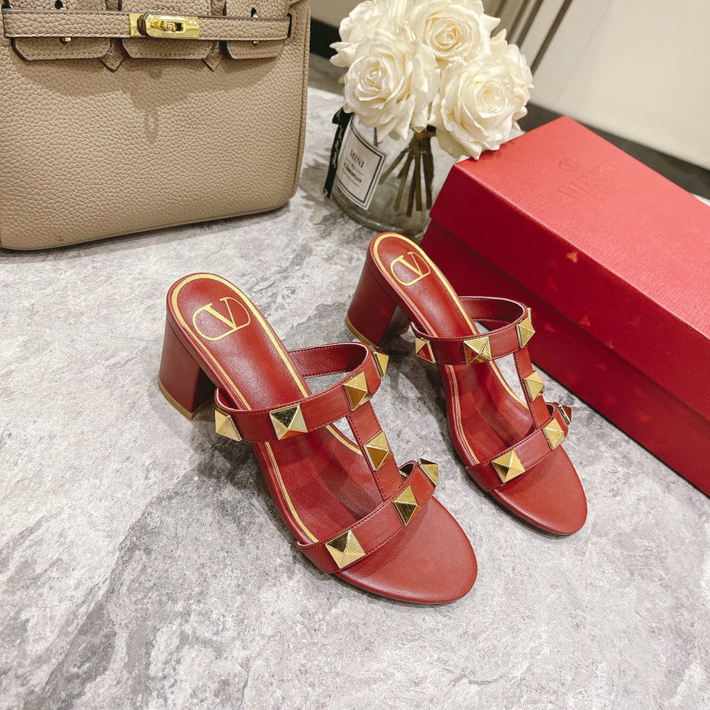 ROMAN STUD CHERRY RED CALFSKIN SLIDE SANDAL 60 MM