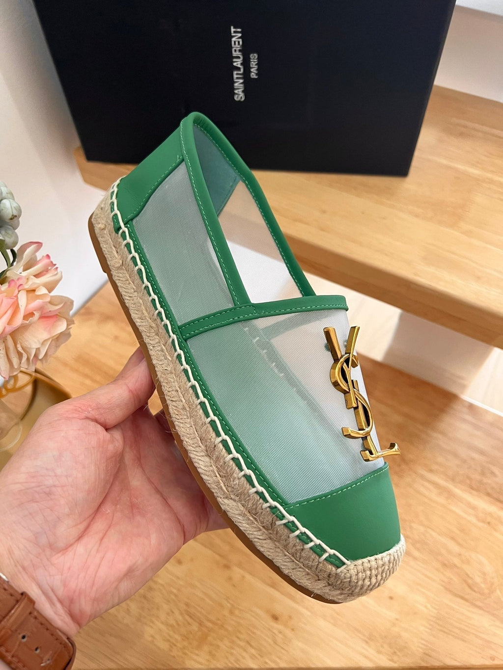 SL YVES LOGO SLIP ON DARK GREEN CALFSKIN AND MESH