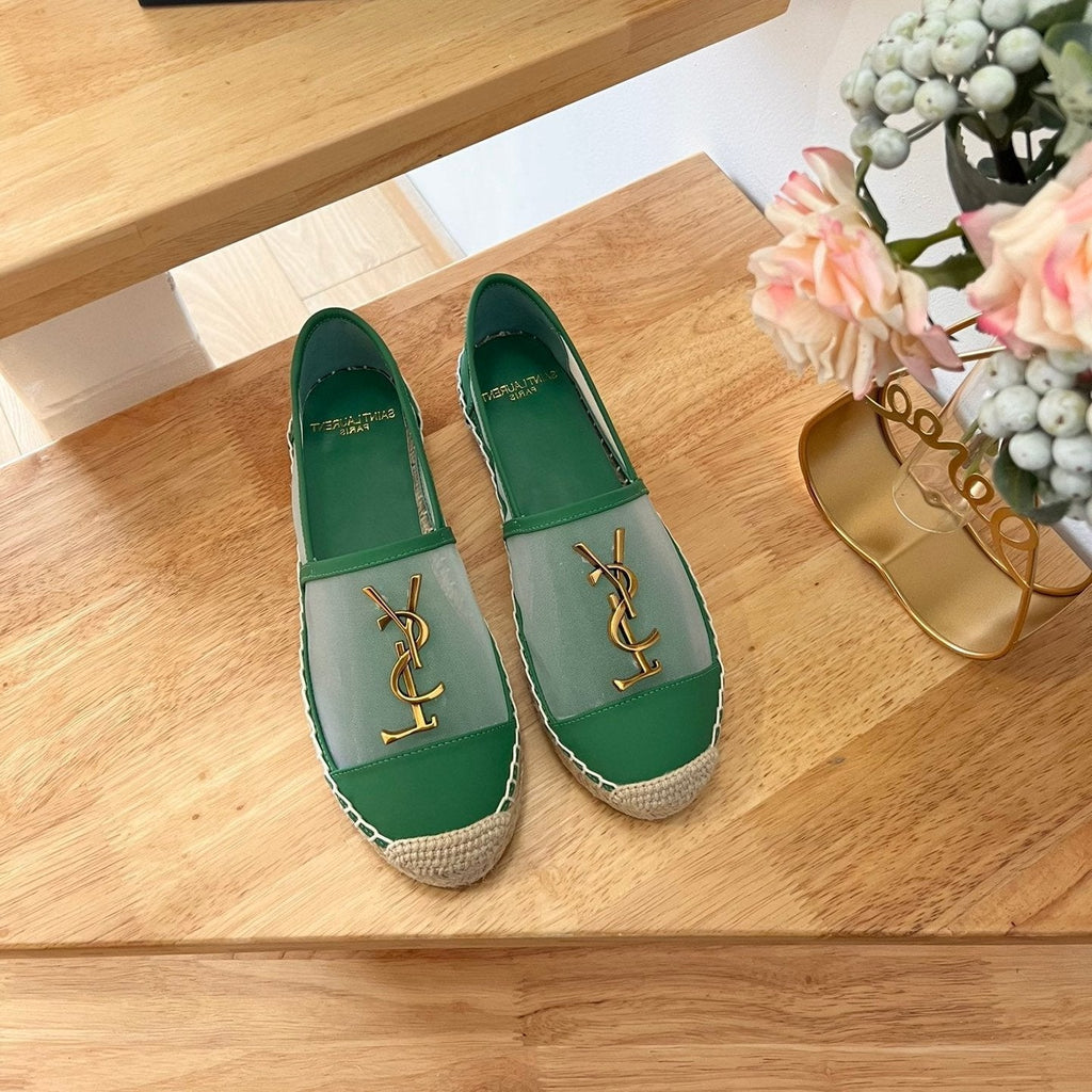 SL YVES LOGO SLIP ON DARK GREEN CALFSKIN AND MESH