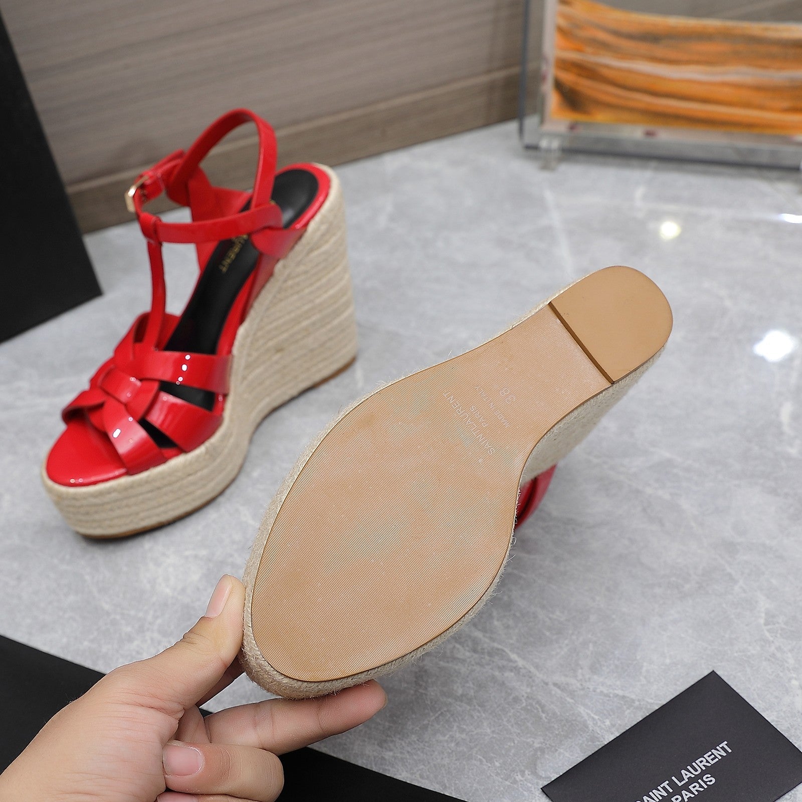 SL TRIBUTE WEDGE SANDALS CRIMSON POLISHED CALFSKIN