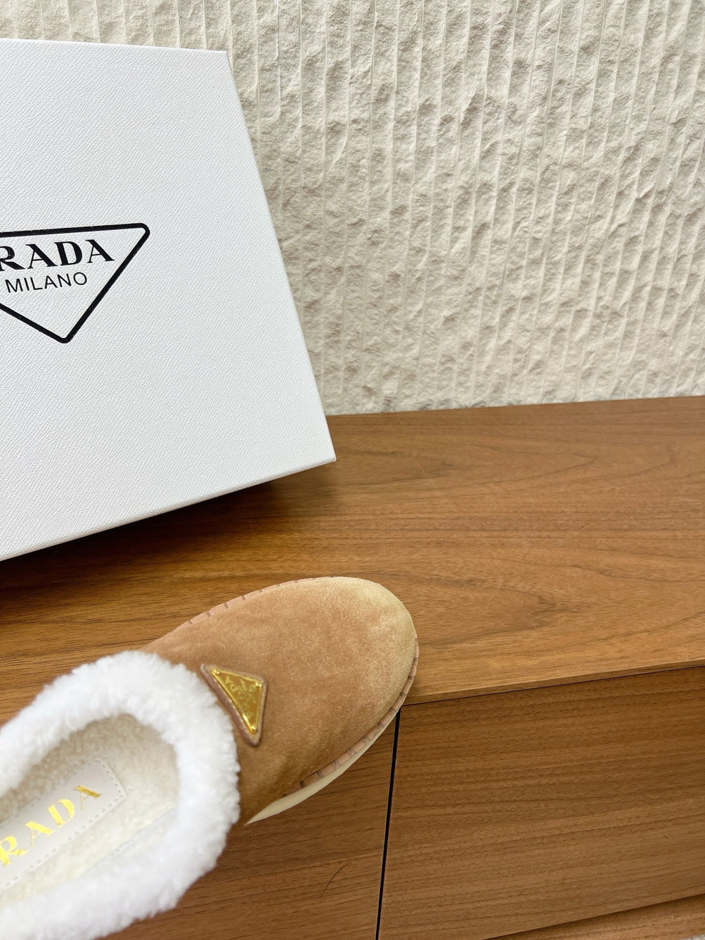 PRADA 25S PLATFORM FUR-LINED MULES IN BROWN SUEDE