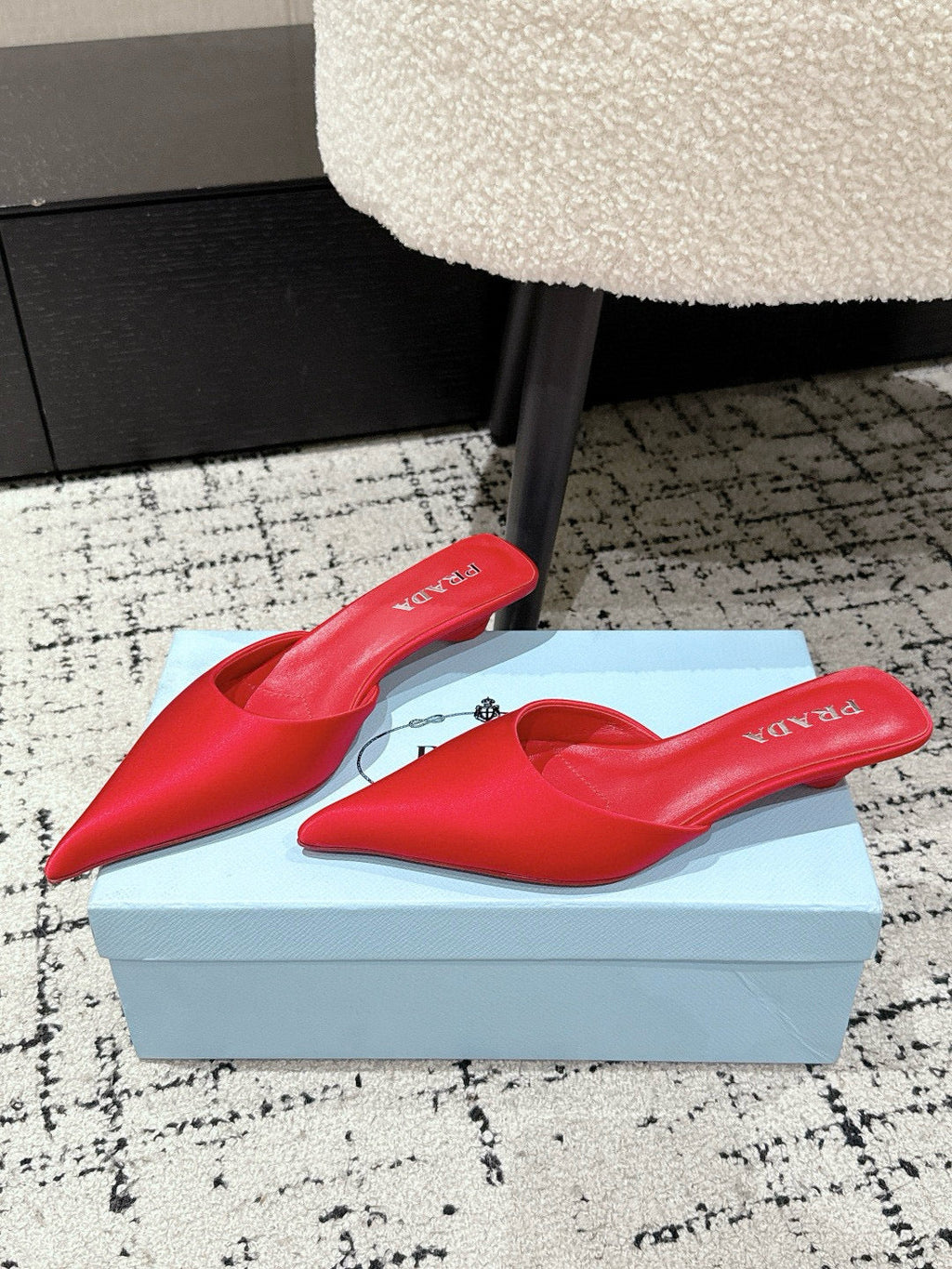 PRADA 25S POINTED-TOE MULES IN CRIMSON RED SATIN