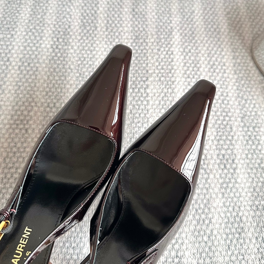 LEE SLINGBACK PUMPS 105 IN MAROON PATENT LEATHER GOLD HEEL