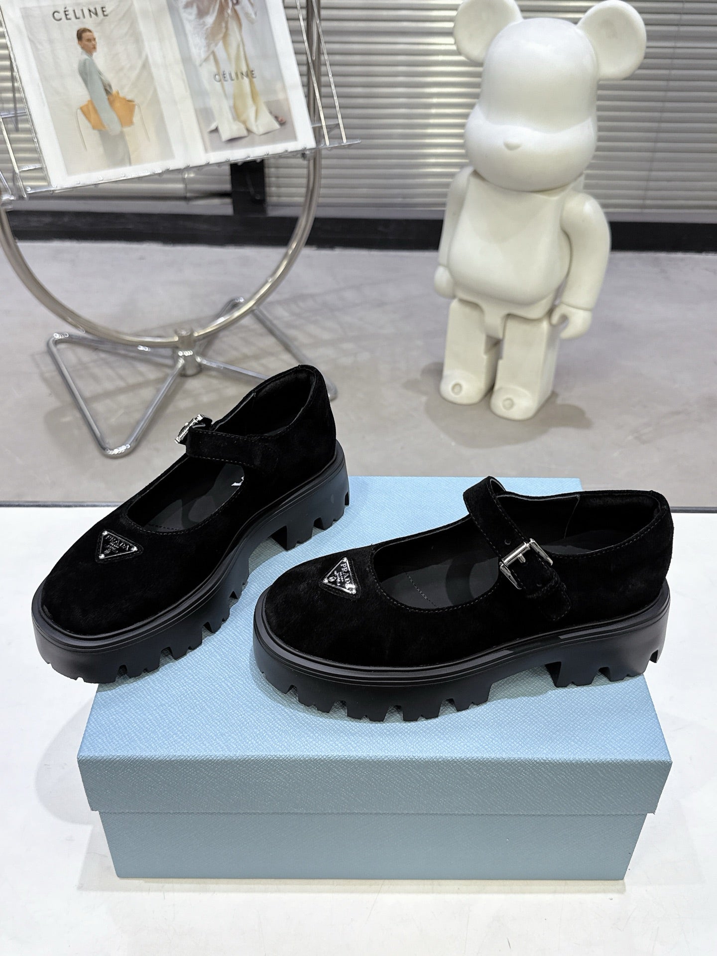 PRADA 25S PLATFORM MARY JANE SHOES IN BLACK SUEDE STYLE 2