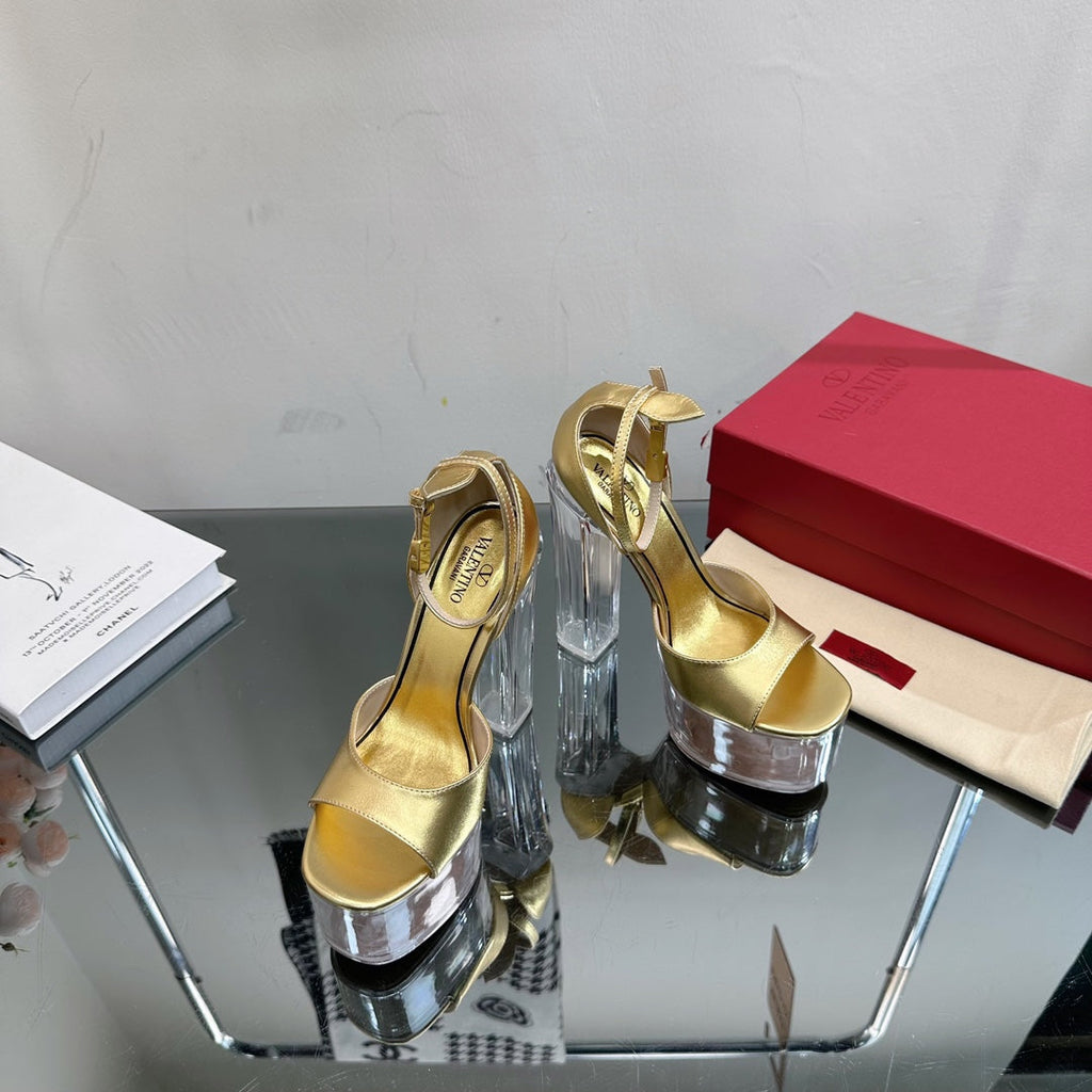 HIGH SANDAL 14CM IN GOLD CALFSKIN AND TRANSPARENT PVC