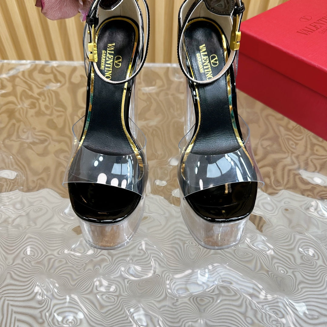HIGH SANDAL 14CM IN BLACK CALFSKIN AND TRANSPARENT PVC