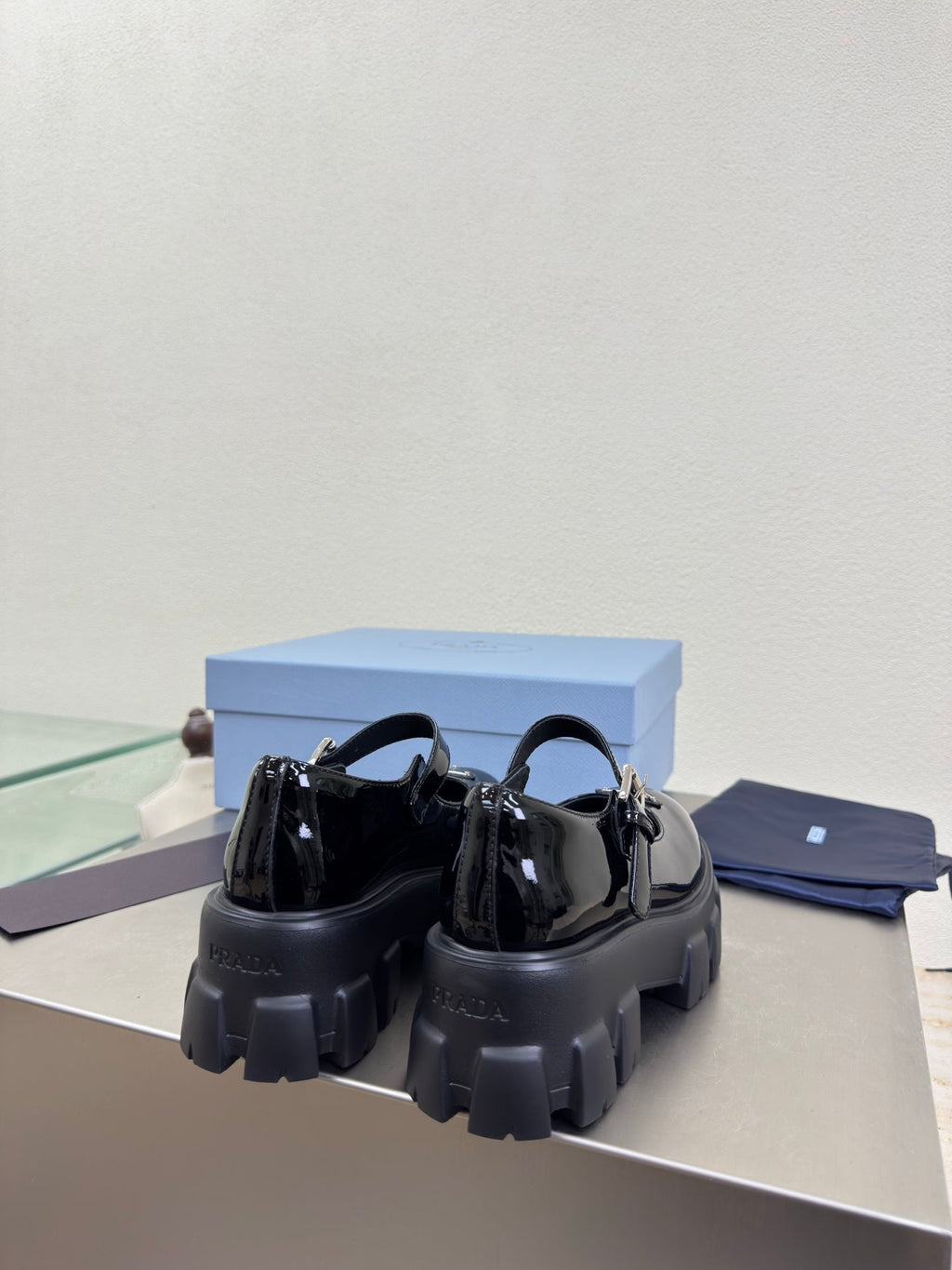 PRADA 25S PLATFORM MARY JANE SHOES IN BLACK GLOSSY CALFSKIN STYLE 2