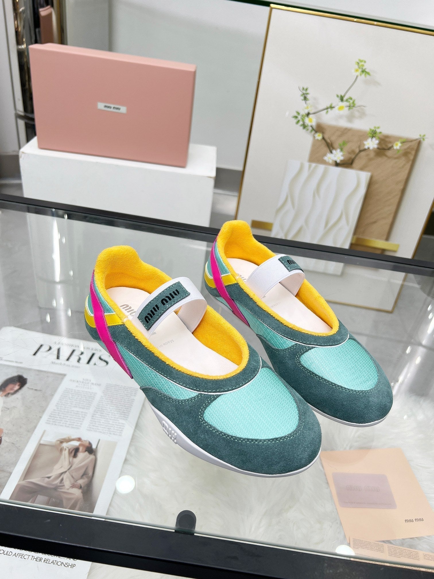 GYMNASIUM BALLERINAS IN GREEN PINK YELLOW TECHNICAL FABRIC AND SUEDE
