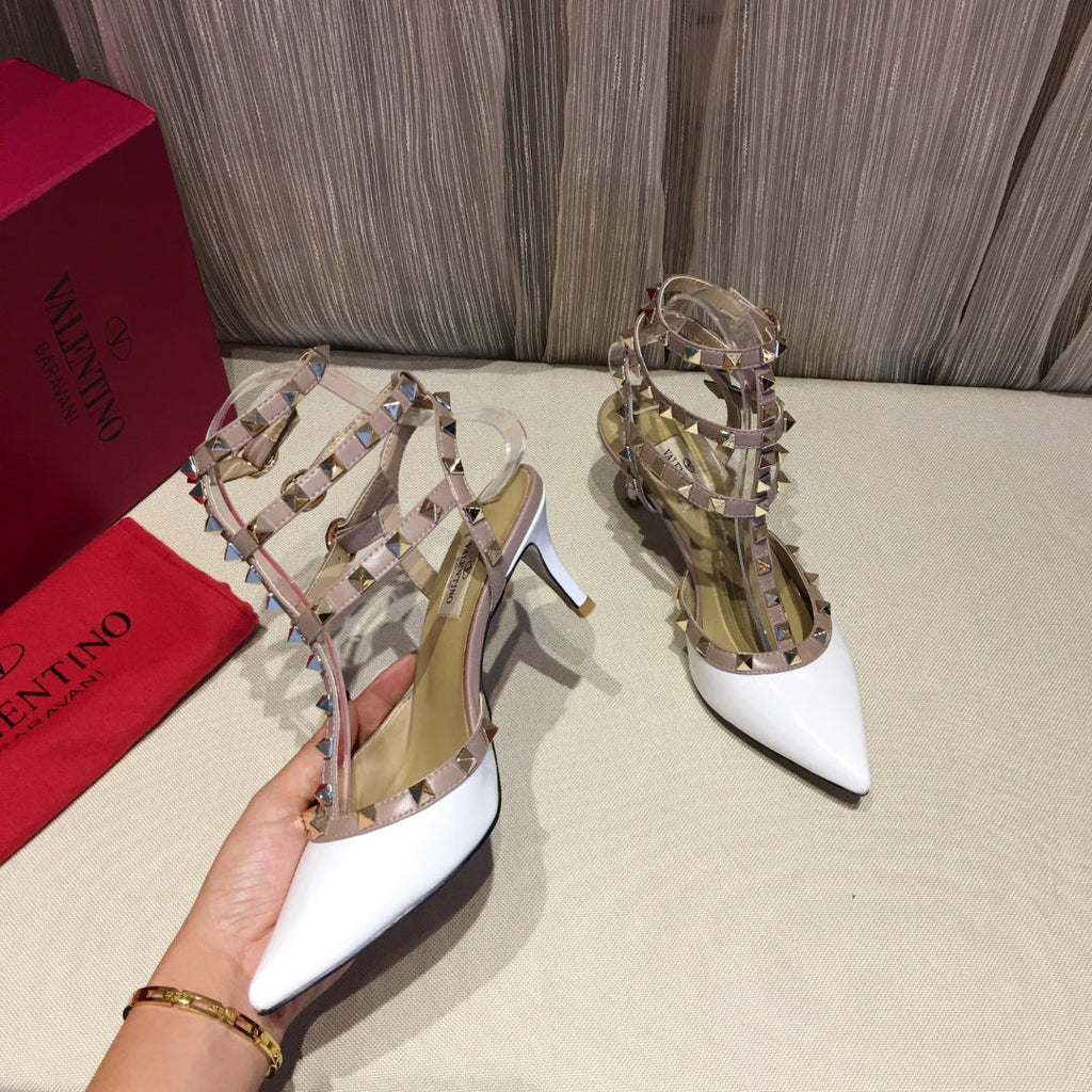 ROCKSTUD CAGED PUMP 65MM IN WHITE MIX LIGHT PINK PATENT CALFSKIN