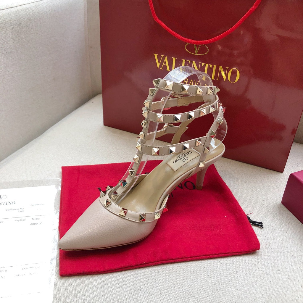 ROCKSTUD PALE PINK METALLIC CALFSKIN ANKLE STRAP HIGH SANDAL